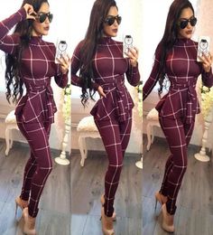 Vêtements de sport Combinaison moulante à carreaux imprimés pour femmes Col roulé à manches longues Peplum Salopette une pièce Skinny Party Casual Romper Catsui3987924