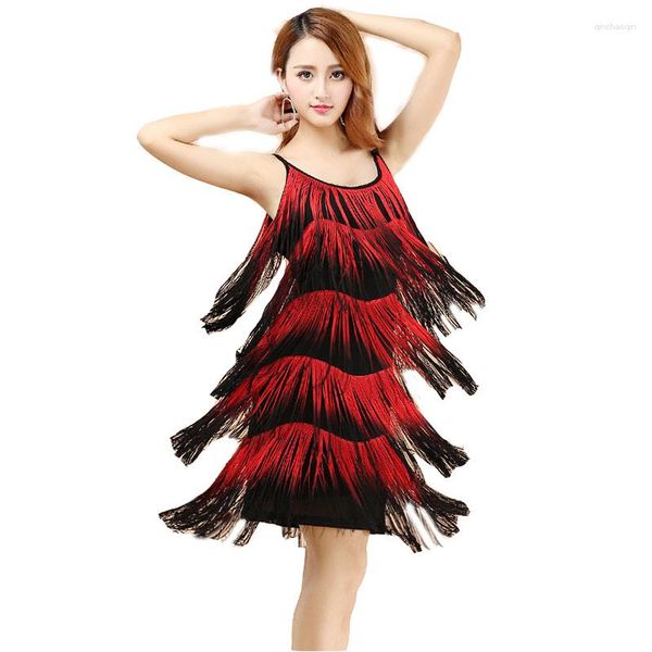 Ropa de gimnasia Trajes de baile latino rojo Mujeres Salsa Dancewear Vestidos de disfraces Competencia de salón Tango Adulto Fringe D