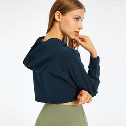 Gym kleding vaste kleur kap kort sweatshirt dames jas losse halflange sport fitness uitgebreide training yoga lange mouw jas