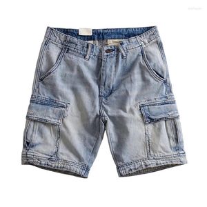 Vêtements de sport Été Coton Multi-sacs Denim Shorts Hommes Lavés Outillage Occasionnel Nickel Pantalon Bleu Clair Marée