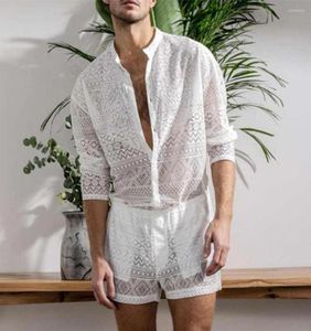 Gym Kleding Dunne 1 Set Trendy See Through Gehaakte Shirt Shorts Mannelijke Mannen Outfit Stand Kraag Voor Bruiloft Night8373618