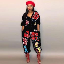 Vêtements de sport Femmes Combinaison Imprimer Hippie Col Rabattu Barboteuses Baggy Harajuku Tenues Féminines Lounge Wear Jogger Pantalon Été Plus Taille 3x