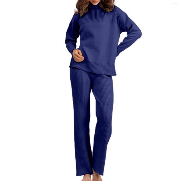 Ropa de gimnasio Otoño Invierno para mujer Color sólido manga larga cuello alto suéter de punto pantalones de pierna ancha traje suelto de menta para mujeres suéteres trajes