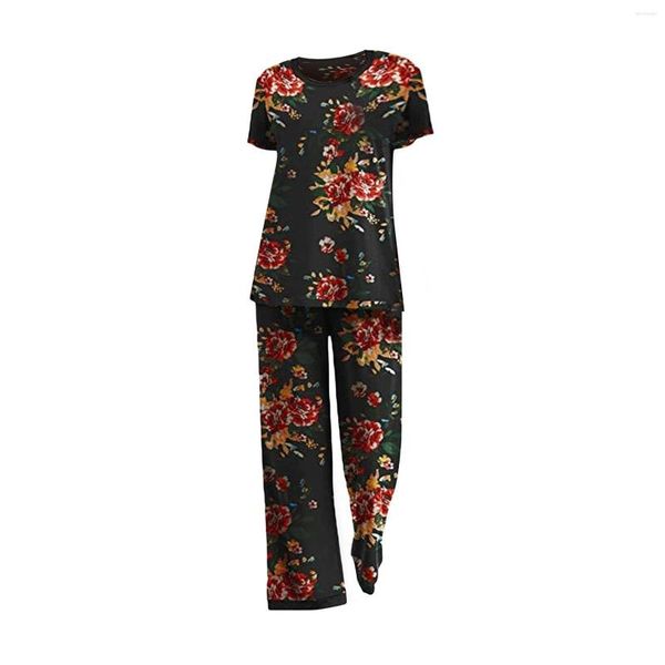 Ropa de gimnasia Patrón floral para mujer Top de manga corta Pantalones Traje para casa Pijamas para mujer Conjunto de pantalón de pijama de lana