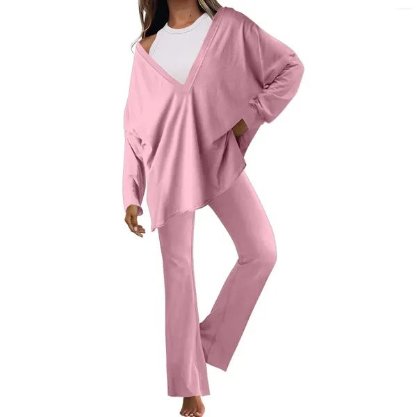 Ropa de gimnasio Color sólido de las mujeres de moda con cuello en V Casual largo damas pantalones formales trajes monos para mujeres vestido chaquetas