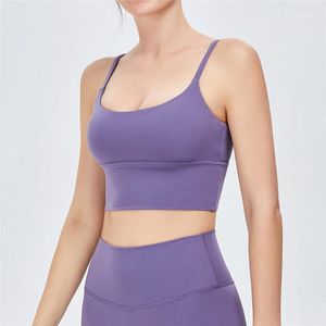 Ropa de gimnasio Sujetador deportivo de YOGA para mujer, camisetas sin mangas con tirantes finos, ropa interior de Fitness sin aros, ropa sólida, sensación desnuda, Push-Ups