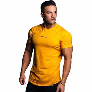 Gym Cott T-shirt Mannen Fitn Workout Slanke Korte Mouw Mannelijke Bodybuilding Sport Training Tee Tops Zomer Casual Kleding T0ld #