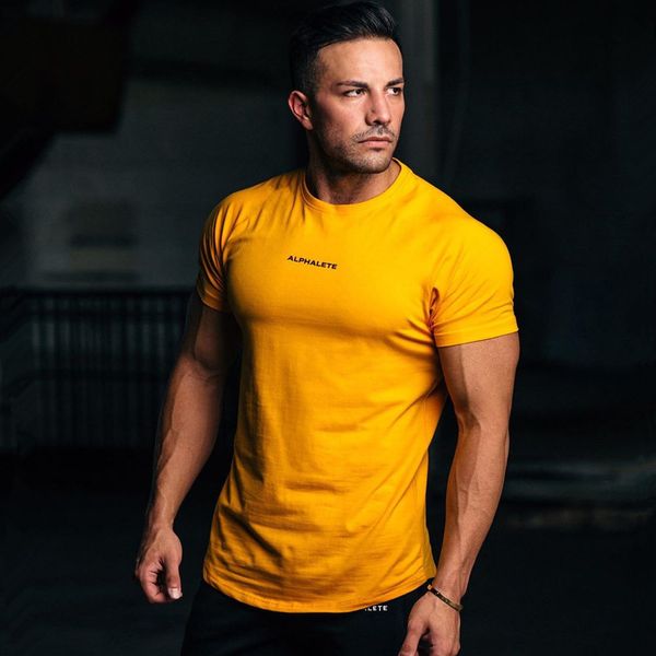 Gym Coton T-shirt Hommes Fitness Entraînement Skinny T-shirt à manches courtes Homme Bodybuilding Sport Tee dessus de chemise Vêtements de sport d'été