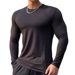 Gym Fitness T-shirt hommes décontracté à manches longues chemise maigre mâle musculation t-shirts hauts course sport séchage rapide vêtements d'entraînement 240123