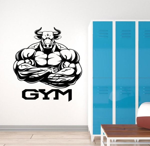 Logotipo de gimnasio, músculos de toro, pegatinas de pared para culturista, decoración del hogar, gimnasio, Club, calcomanías de Fitness, Mural autoadhesivo extraíble 8516725
