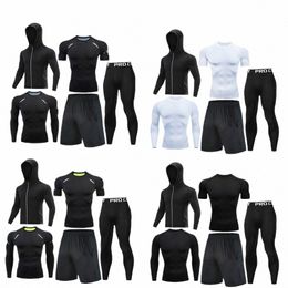 Gym Rguard hommes Fitn 5 pièce/ensemble classique noir entraînement serré vêtements de Sport course Compri costume Jogging Sport manches P86B #