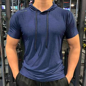 GYM Sport Hooded Running Men T shirt Fitness Slim High Elasticity Transpirable Quick Dry Culturismo Camiseta para hombre Hombres Tee Tops L220704