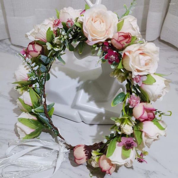 Couronne de fleurs de Rose gypsophile pour filles, accessoires pour cheveux, bandeau de mariée, ornement, guirlandes florales pour enfants