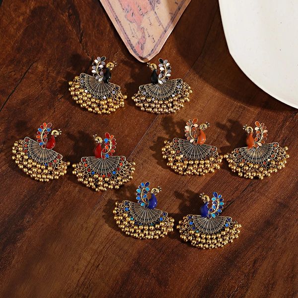 Pendientes indios con borlas de cuentas gitanas, Pendientes Jhumka para mujer, Pendientes bohemios Retro dorados coloridos con forma de abanico de pavo real, Pendientes de joyería