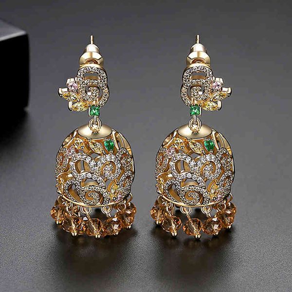 Pendientes colgantes de gota de cristal de oro étnico bohemio Jhumka indio gitano para mujer joyería nupcial Tribal Jhumki declaración Vintage