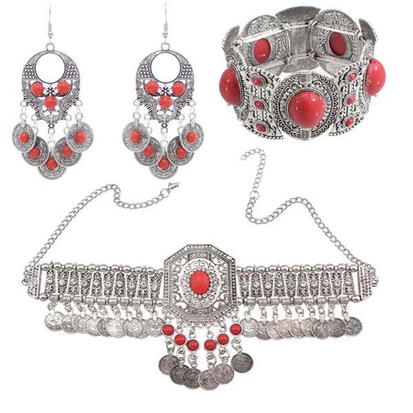 Ensembles de boucles d'oreilles et collier Gypsy pour femmes, style Boho Hippie, pompon, pierre rouge et bleue, ensemble de bijoux tribaux turcs, cadeau de fête, 240115