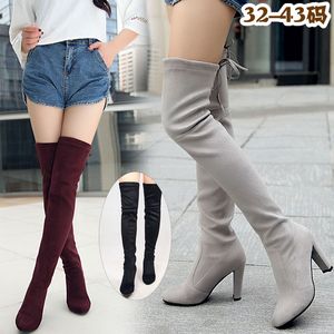 8 couleurs femmes bottes de mode talons hauts sur le genou faux daim bottes longues à enfiler chaussures habillées grande taille US4-US10 EUR43 7S rouge bleu marron