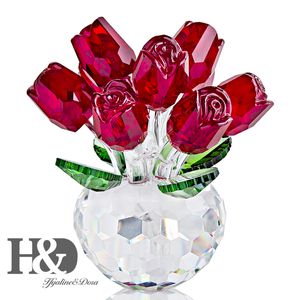 HD Cristal Rouge Rose Figurine Ornement Bouquet De Printemps 11 Verre Rêve Fleurs Collection Décoration Presse-papiers Cadeau De Mariage T200709