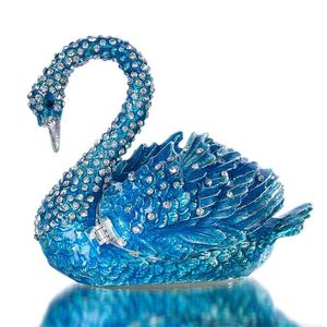 HD Élégant Blue Swan Trinket Boîte à souvenirs Ornement Cristaux Figurine à charnière Collection Bejeweled Porte-bague Faveurs de mariage 210811