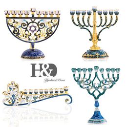 HD Handgeschilderde Emaille Bloemen Chanoeka Menorah Kandelaar 9 Tak Kandelaar Verfraaid met Kristallen Davidster Hamsa269h