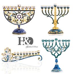 HD Handgeschilderde Emaille Bloemen Chanoeka Menorah Kandelaar 9 Tak Kandelaar Verfraaid met Kristallen Davidster Hamsa2840