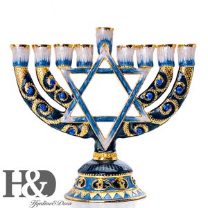 HD Hanukkah Handgeschilderde emaille kaarshouder Chanoekah Menorah Temple Hexagonal Star of David Candlesticks 9 Branch Home Party Y200109