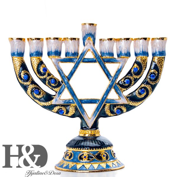 HD Chanukka handbemalter Emaille-Kerzenhalter, Chanukka-Menorah-Tempel, sechseckiger Davidstern, Kerzenständer, 9 Zweige, Heimparty, Y200109