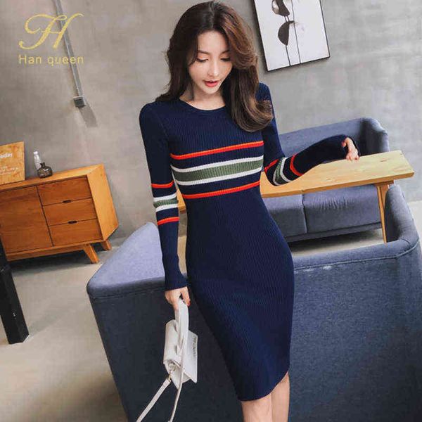H Han Queen automne nouvelles robes crayon tricot couleur assortie pull rayé bas bureau moulante gaine robe tricotée G1214