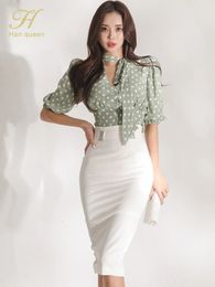 H Han Queen – ensemble 2 pièces pour femmes coréennes, vêtements de travail Sexy, chemisiers à pois, taille haute, gaine mi-mollet, jupe crayon moulante, 240226