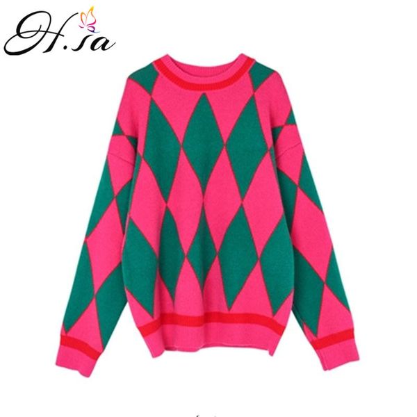 H.SA Otoño Invierno Aygyle Suéter para mujer Oneck Manga larga Jersey de punto Cashmere Pink Blue Argyle Jumpers Pull Femme 210417