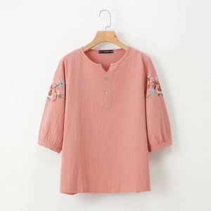 H.SA Style chinois femmes été Cool et hauts demi manches décontracté bleu rose broderie florale mode chemises femme Blouse 210417