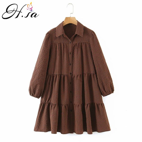 H.SA Mode Européenne Femmes Casual Plaid Robes Turn Down Col Volants Plissée Droite Lâche Style D'été Robe Boho Robe 210417