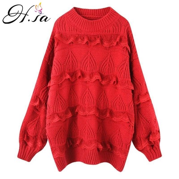 H.SA Pull tricoté et pulls en dentelle Jumpers Ruffles Cute Girls Sweet Pink Knitwear Pull Tops Long Sweaters 210417