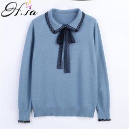 H.SA Korean Fashion Vêtements Femmes Casual Pull et Pulls Turn Down Col Knit Pull Jumpers Bow Lace Sweater Ladies Tops 210417