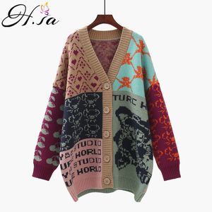 H.SA Oversized Cardigans Vintage Letters Gedrukt Patchwork Knit Jassen Dikke Fleeced Long Trui Jas Dames 210417