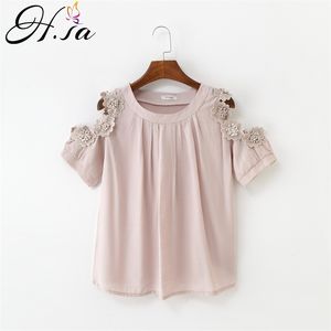 H.SA été T-shirts à manches courtes hors épaule femmes Kawaii chemise dentelle couture Oneck blanc t-shirts coton t-shirt 210417