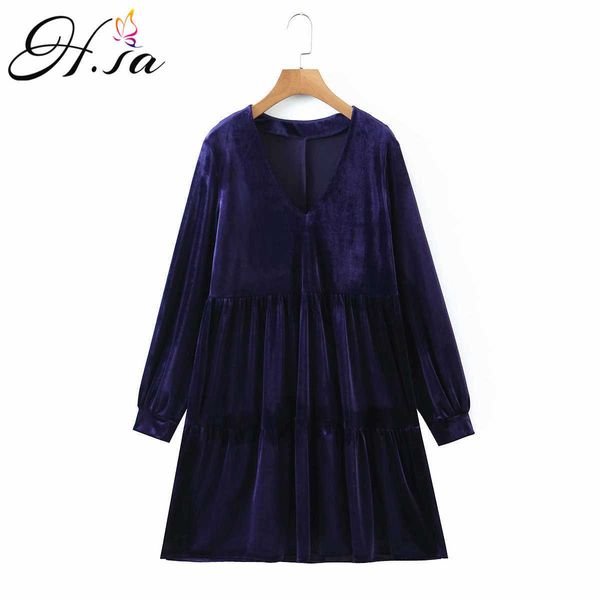 H.SA Vintage Ruffled Front Button A-Line Robe à manches longues Col V Solide Élégant Casual Mini Robe Automne Robe 210716