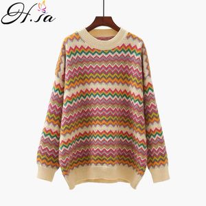 H.SA Winter Gestreepte Sweaters voor Dames Casual Knitwear Rainbow Wave Kleurrijke Helling Kuiken Pullover Femlaae Chic Bovenkleding 210417