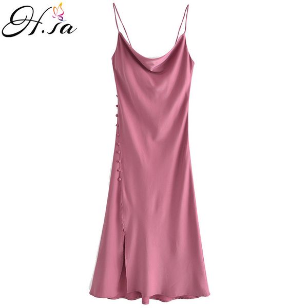 H.SA Femme Satin Satiin Sangle Spaghetti Strap Street Solide Solide Shiny Sundress Sexy Imitation Silk Robe Rose Vestidos 210417