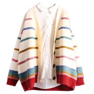 H.SA femmes et pull filles coloré arc-en-ciel rayé tricoté Cardigans surdimensionné printemps automne tricot veste manteau 210417