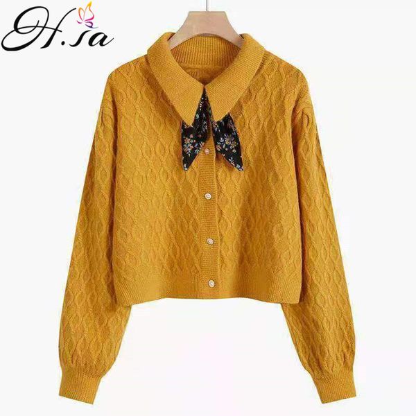 H.SA Mujeres Otoño Invierno Suéter Chaquetas de punto Turn Down Collar Twisted Bow Lindo Cardigans Suters Mujer 210417