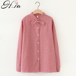 H.SA Vrouwen Blouse en Lange Mouwen Vlinderdas Casual Shirts Kleine Plaid Groen Roze Chic Blusa Mujer Kawaii Losse Tops 210417