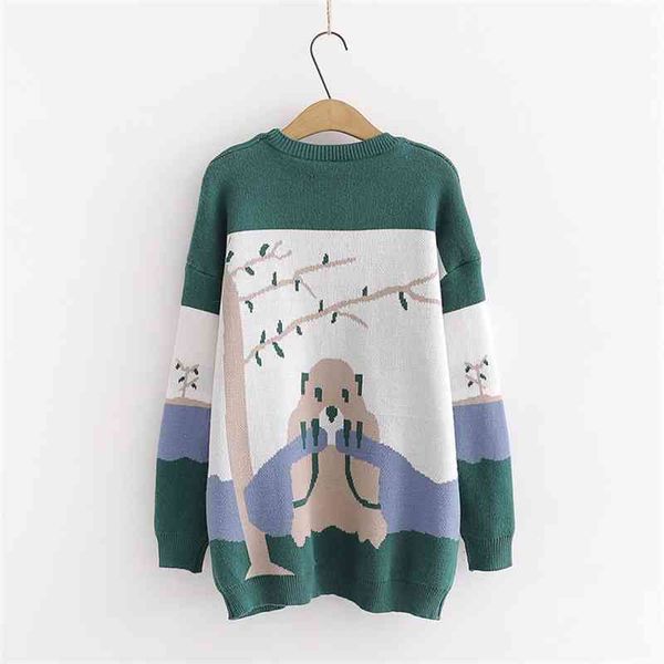 H.SA Femmes Cartoon Pull Jumpers Animaux Imprimés Pulls verts et Tops en tricot Kawaii Vêtements d'hiver 210417