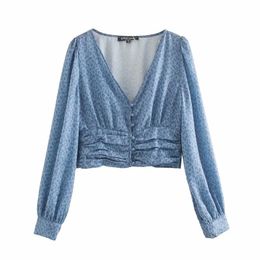 H.SA Femmes Blouses Casual Manches longues Col V Style court Coréen et Chemises Bleu Léopard Sexy Bluse Femme Tops 210417
