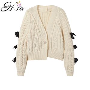 H.SA Dames Casual Trui en V-hals Button Up Mouwen Vlinderdas Leuke Meisjes Witte Vesten Dikke Chic Jumpers Twisted 210417