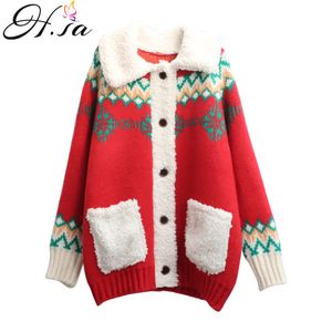 H.SA Vrouwen Fleeced Sweater en Cardigans Lange stijl Vintage Kerst Casual Tops Big Pocket Warm Geometric Knit Jacket 210417