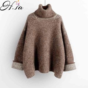 H.SA Women High Coltleneck Groene Sweater en Jumpers Lange Mouwen Vaste Oversized Pullovers Dikke Winter Knitwear Koreaans 210417
