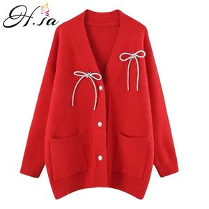 H.SA Mujeres Jumpers Red Bow Tie Oversize Suéter Abrigo Poliéster Cardigans Casual Sólido Suéteres Punto 210417