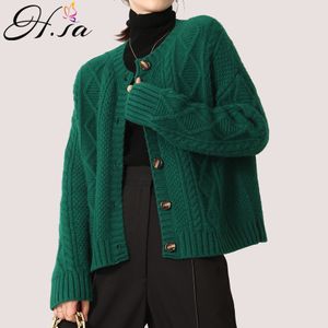 H.SA Dames Gebreide Koreaanse Chique Single Breasted Lange Mouwen Sweaters Sweet Knit Vesten O Neck Soft Coats 210417