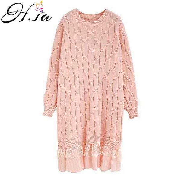 H.SA Femmes Longue Robe Pull O Cou Dentelle Patchwork Pull Jumpers Style Coréen Surdimensionné Robe Pull Pull Twisted Jumper 210716